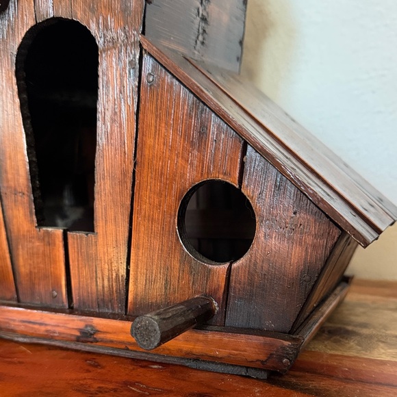 Handmade Rustic Stained Wooden Birdhouse With Tray Three Hole - Picture 7 of 13